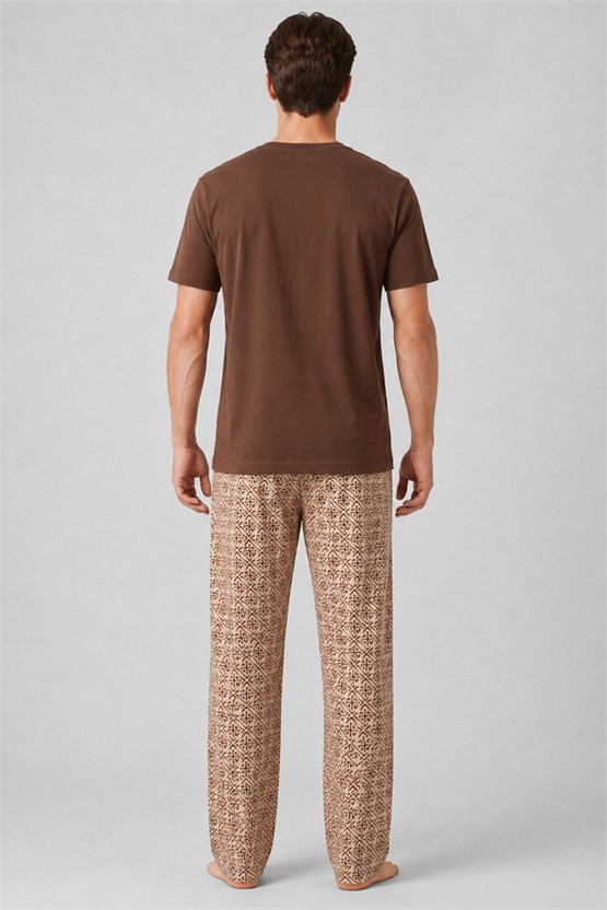 Mısırlı Erkek Pamuklu Bisiklet Yaka Düğmeli Pijama Takım Kahve/Bej