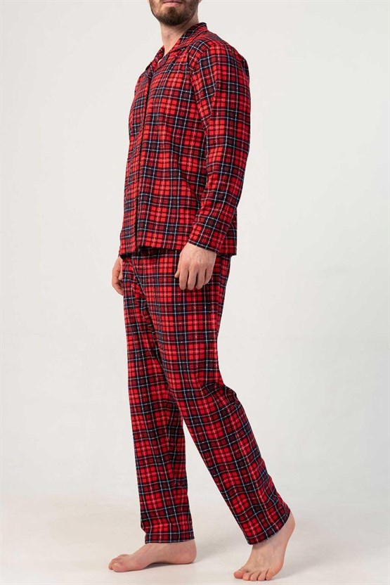 Mısırlı Erkek Pamuklu Ekoseli Uzun Kollu Gömlek Pijama Takımı Kırmızı