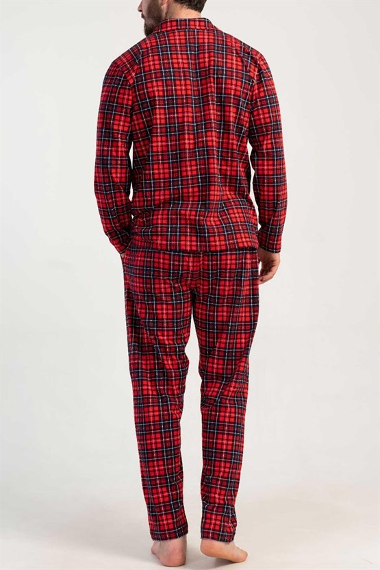 Mısırlı Erkek Pamuklu Ekoseli Uzun Kollu Gömlek Pijama Takımı Kırmızı