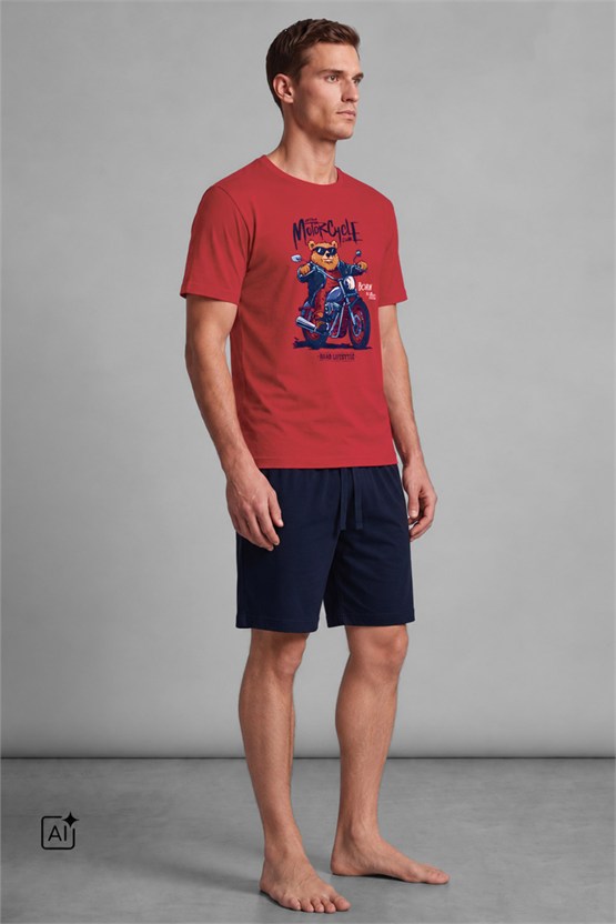 Mısırlı Erkek Pamuklu Kısa Kollu Şort Pijama Takımı Kırmızı