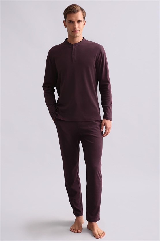 Mısırlı Erkek Pamuklu Uzun Kollu Hakim Yaka Pijama Takımı Bordo