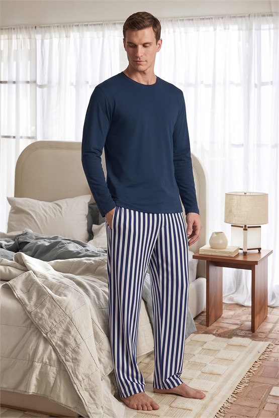 Mısırlı Erkek Pamuklu Uzun Kollu Pijama Takım Lacivert-Ekru