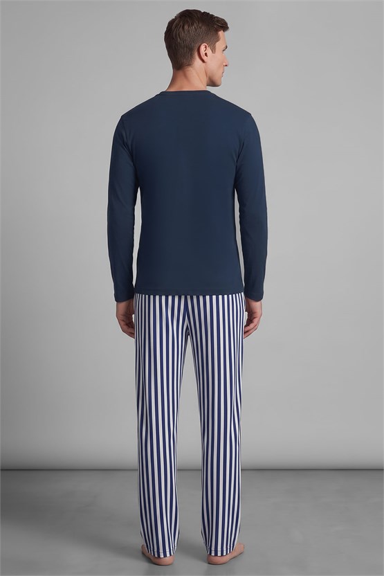 Mısırlı Erkek Pamuklu Uzun Kollu Pijama Takım Lacivert-Ekru