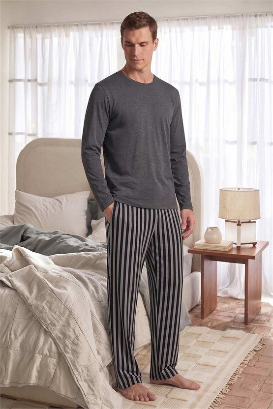 Mısırlı Erkek Pamuklu Uzun Kollu Pijama Takım Antrasit-Siyah