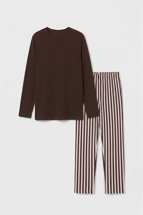 Mısırlı Erkek Pamuklu Uzun Kollu Pijama Takım Kahverengi-Ekru