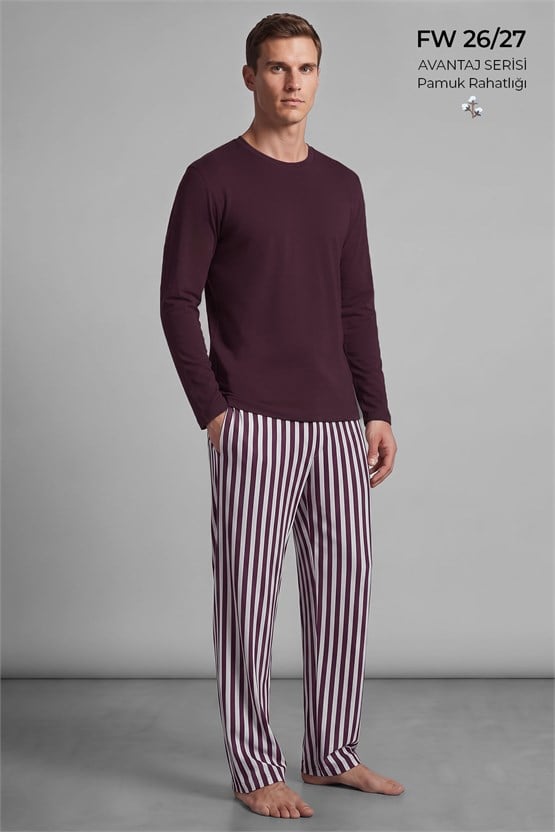 Mısırlı Erkek Pamuklu Uzun Kollu Pijama Takım Mürdüm- Ekru