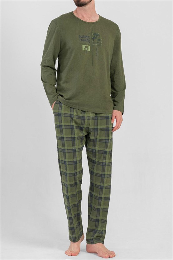 Mısırlı Erkek Pamuklu Uzun Kollu Pijama Takımı Haki