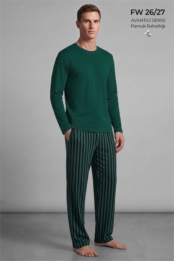 Mısırlı Erkek Pamuklu Uzun Kollu Pijama Takım Zümrüt Yeşil-Siyah
