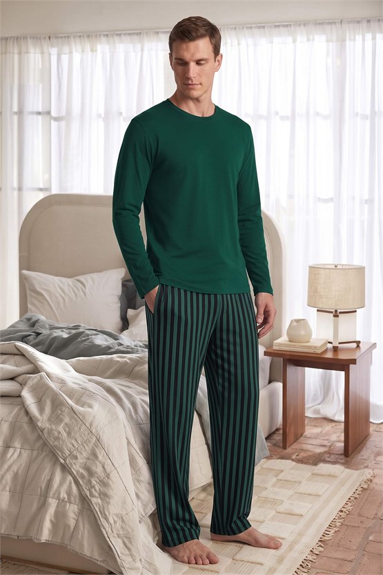 Mısırlı Erkek Pamuklu Uzun Kollu Pijama Takım Zümrüt Yeşil-Siyah