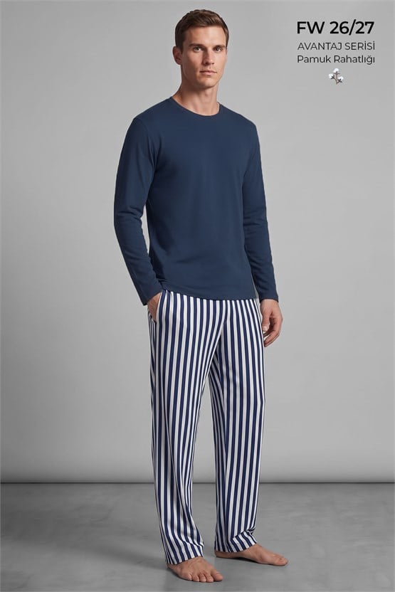 Mısırlı Erkek Pamuklu Uzun Kollu Pijama Takım Lacivert-Ekru