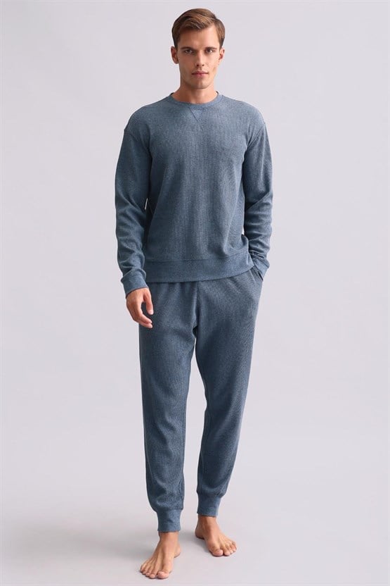 Mısırlı Erkek Pamuklu Uzun Kollu Pijama Takımı İndigo