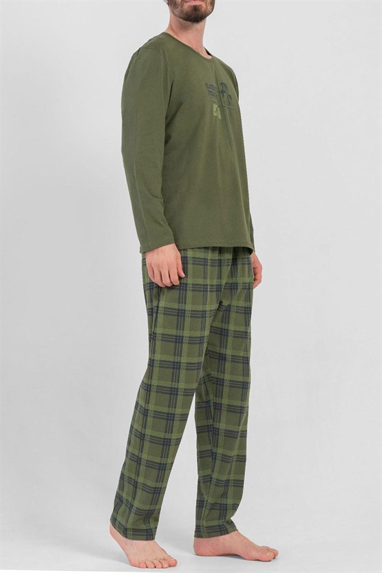 Mısırlı Erkek Pamuklu Uzun Kollu Pijama Takımı Haki