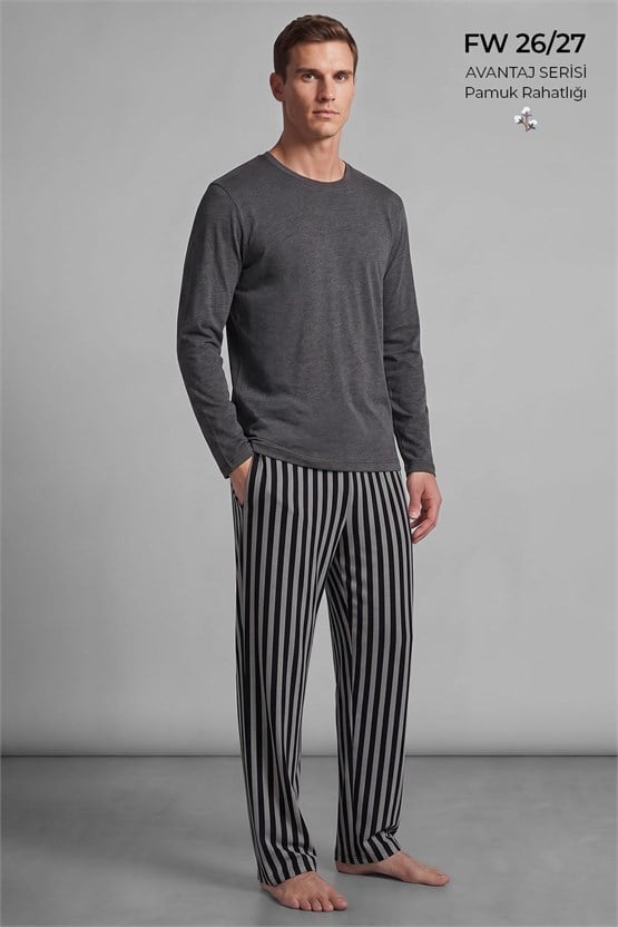 Mısırlı Erkek Pamuklu Uzun Kollu Pijama Takım Antrasit-Siyah