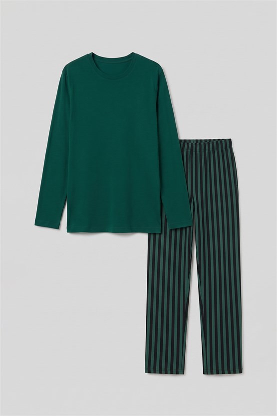 Mısırlı Erkek Pamuklu Uzun Kollu Pijama Takım Zümrüt Yeşil-Siyah