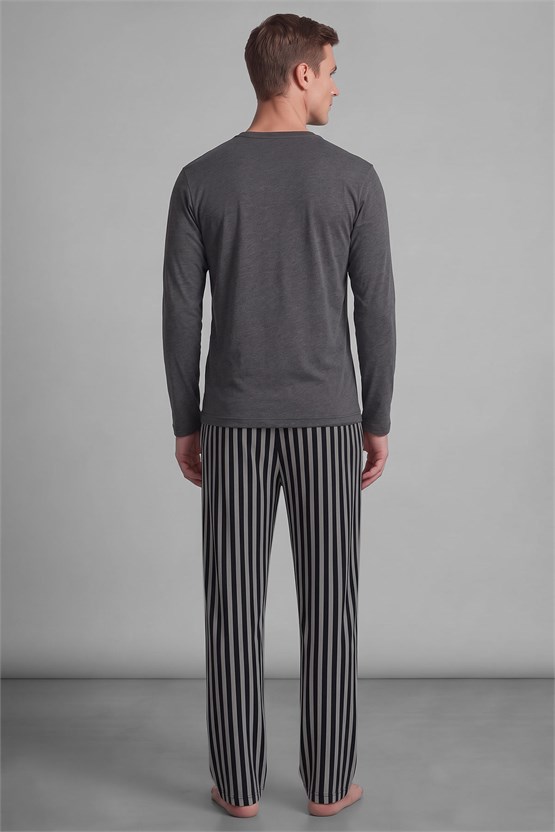 Mısırlı Erkek Pamuklu Uzun Kollu Pijama Takım Antrasit-Siyah