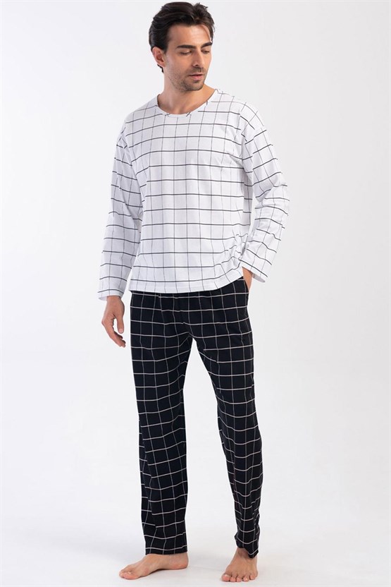 Mısırlı Erkek Pamuklu Uzun Kollu Pijama Takımı Beyaz