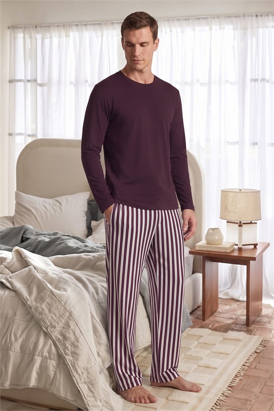 Mısırlı Erkek Pamuklu Uzun Kollu Pijama Takım Mürdüm- Ekru