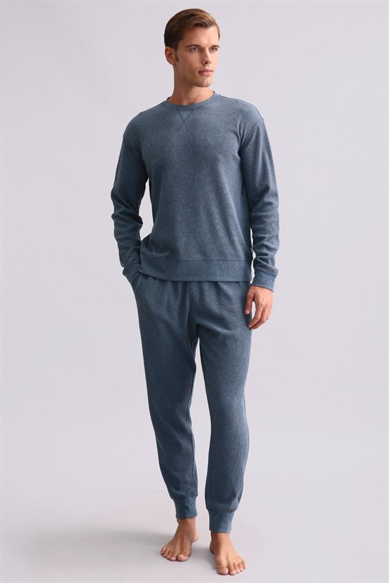 Mısırlı Erkek Pamuklu Uzun Kollu Pijama Takımı İndigo
