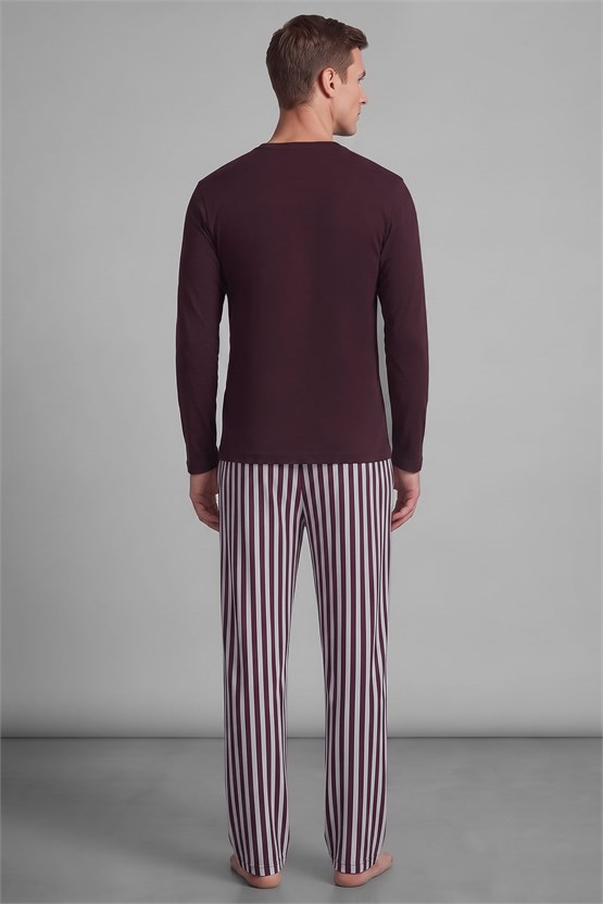 Mısırlı Erkek Pamuklu Uzun Kollu Pijama Takım Mürdüm- Ekru