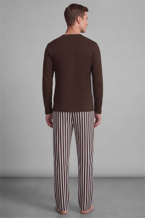 Mısırlı Erkek Pamuklu Uzun Kollu Pijama Takım Kahverengi-Ekru