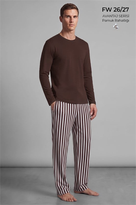Mısırlı Erkek Pamuklu Uzun Kollu Pijama Takım Kahverengi-Ekru