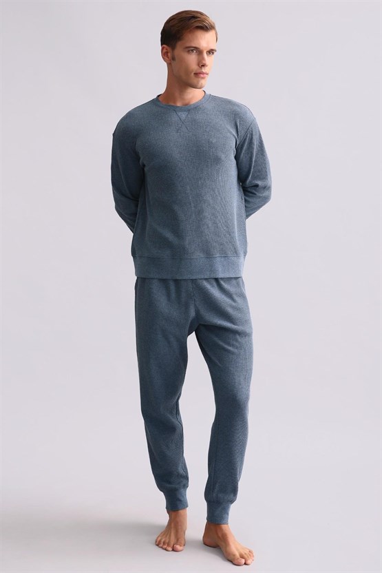 Mısırlı Erkek Pamuklu Uzun Kollu Pijama Takımı İndigo