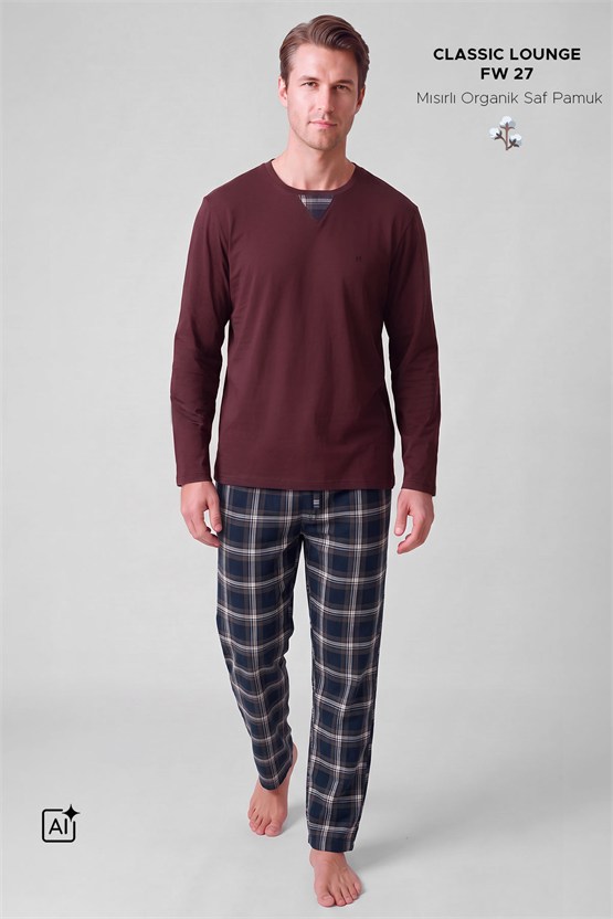 Mısırlı Erkek Pamuklu V Yaka Pijama Takım Bordo
