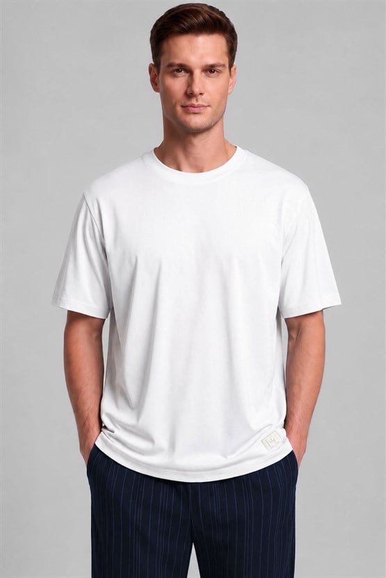 Mısırlı Erkek Relax Fit Penye T-shirt Beyaz