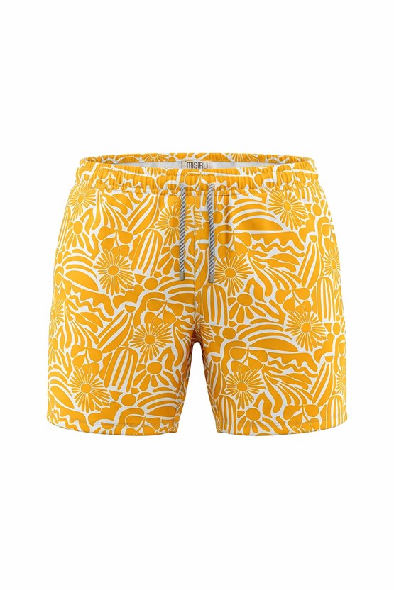 Mısırlı Erkek Retro Floral Desenli Deniz Şort Hardal