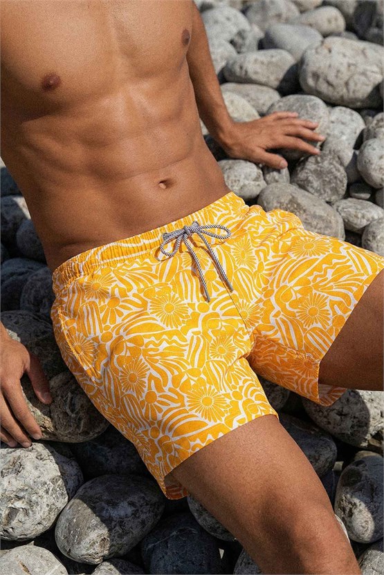 Mısırlı Erkek Retro Floral Desenli Deniz Şort Hardal