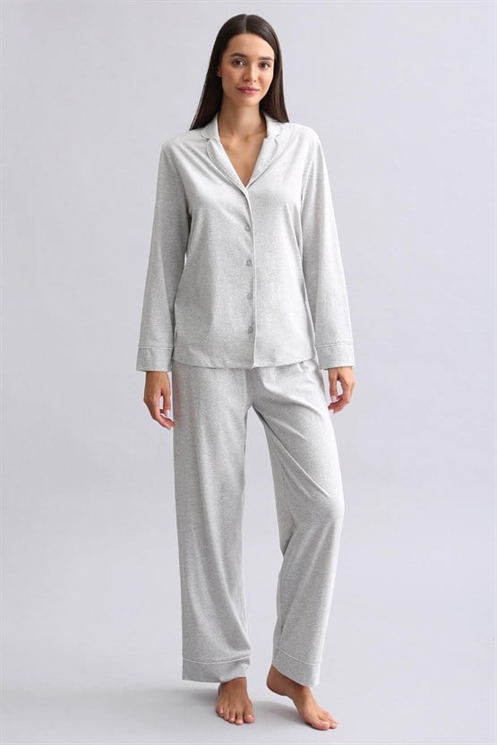 Mısırlı Kadın %100 Pamuk Pijama Takımı Gri Melanj