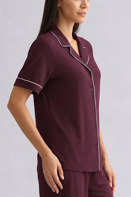 Mısırlı Kadın Bambu Kısa Kol Pijama Üst Bordo