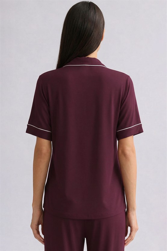Mısırlı Kadın Bambu Kısa Kol Pijama Üst Bordo