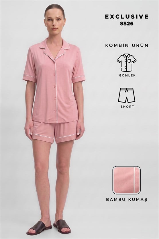 Mısırlı Kadın Bambu Pijama Gömlek Sort Takım Toz Pembe