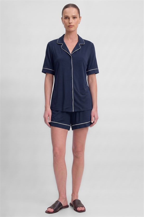 Mısırlı Kadın Bambu Pijama Gömlek Sort Takım Lacivert