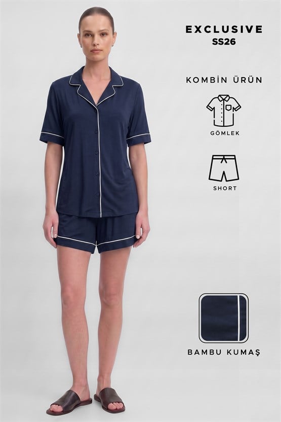 Mısırlı Kadın Bambu Pijama Gömlek Sort Takım Lacivert