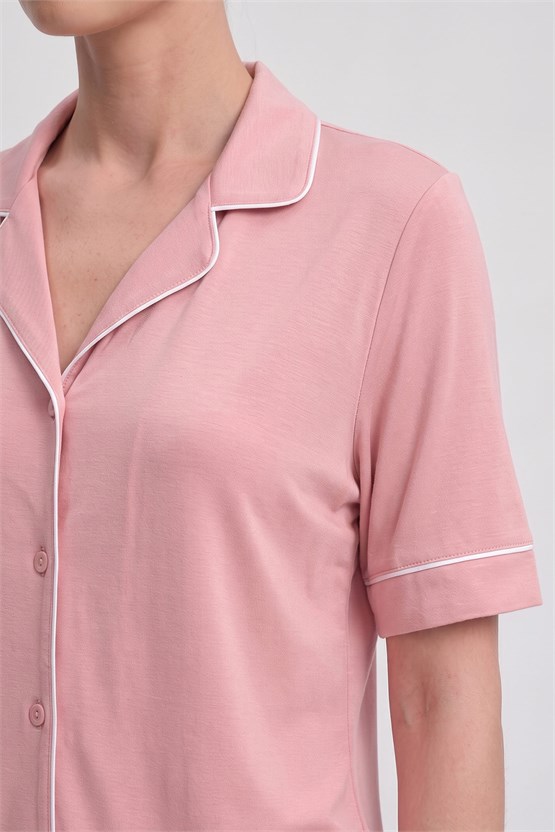 Mısırlı Kadın Bambu Pijama Gömlek Sort Takım Toz Pembe