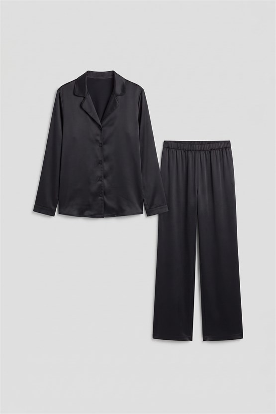 Mısırlı Kadın Bambu Saten Pijama Takımı Siyah