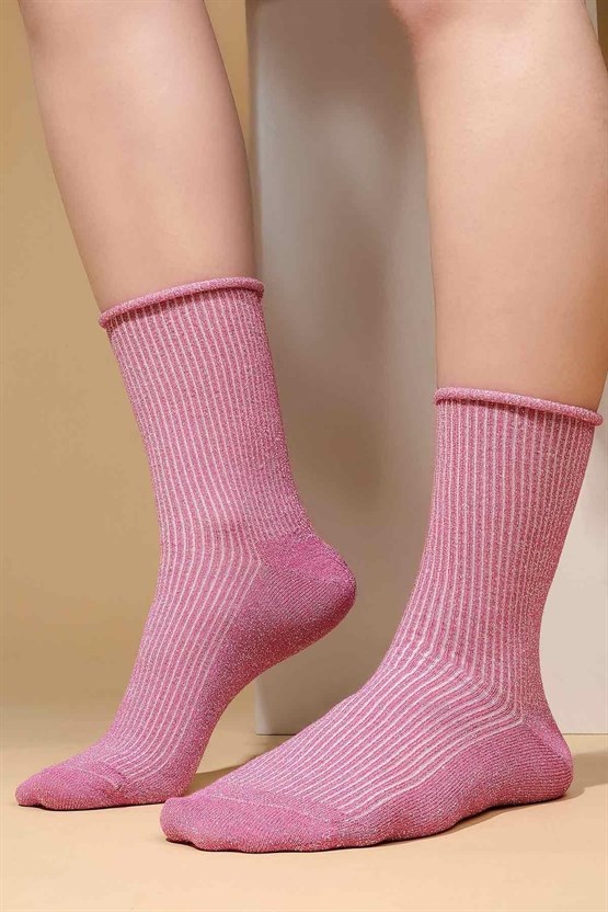 Mısırlı Kadın Bambu Simli Soket Çorap Koyu Pembe