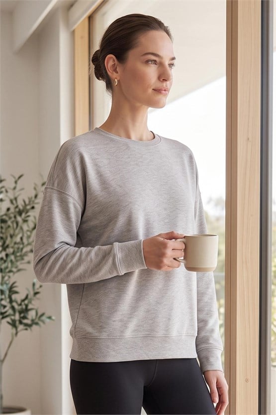 Mısırlı Kadın Bisiklet Yaka Sweatshirt Gri Melanj