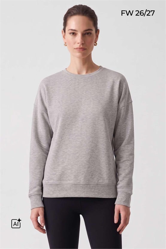 Mısırlı Kadın Bisiklet Yaka Sweatshirt Gri Melanj