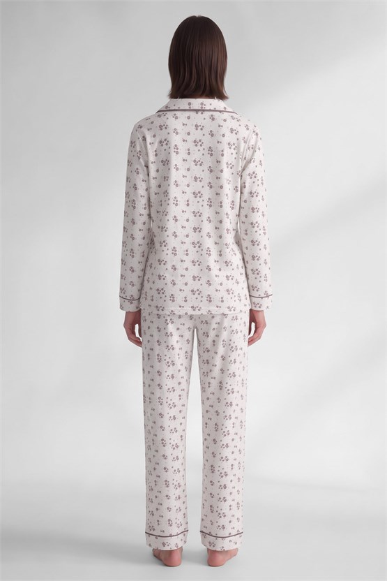 Mısırlı Kadın Düğmeli Çiçek Desenli Pijama Takım Vizon