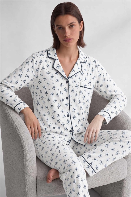 Mısırlı Kadın Düğmeli Çiçek Desenli Pijama Takım Lavender
