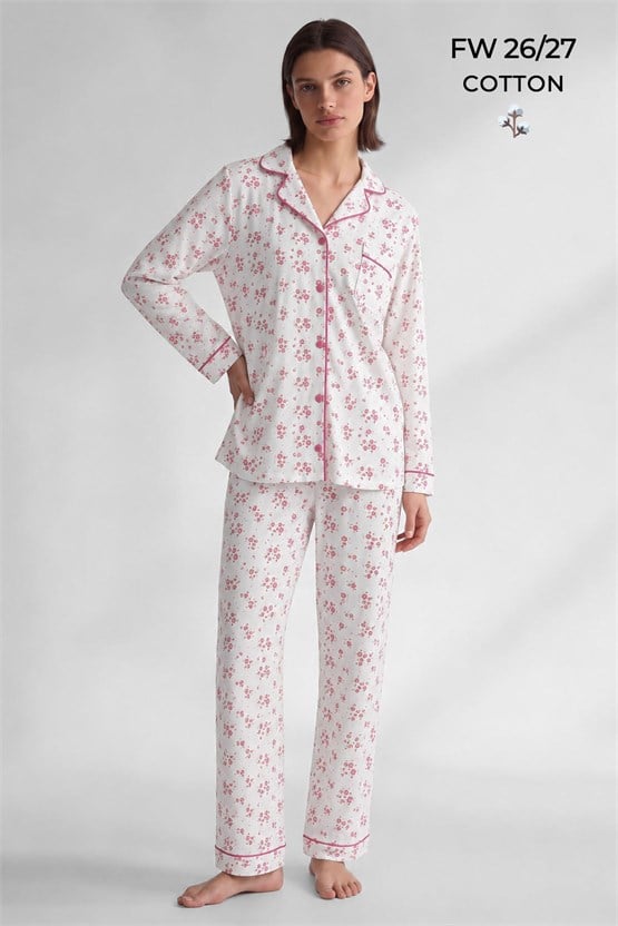 Mısırlı Kadın Düğmeli Çiçek Desenli Pijama Takım Açık Pembe
