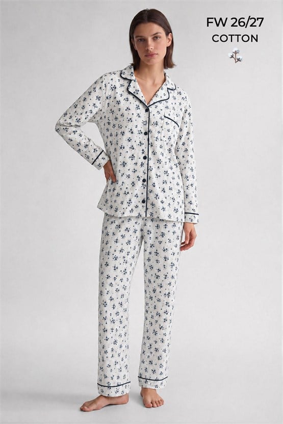 Mısırlı Kadın Düğmeli Çiçek Desenli Pijama Takım Lavender