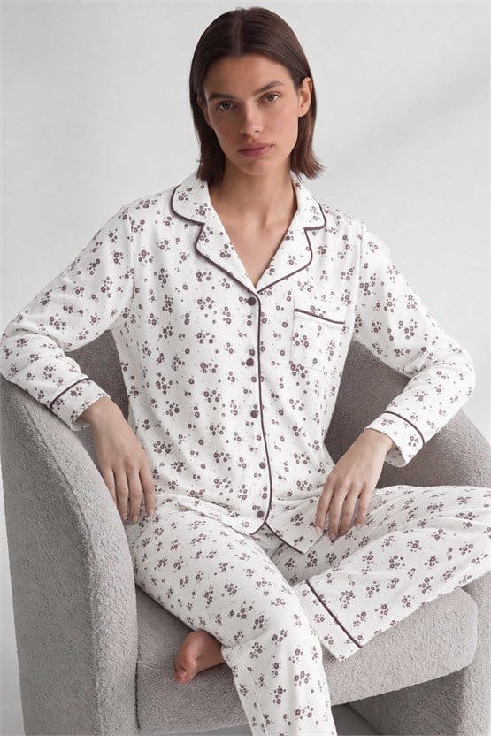 Mısırlı Kadın Düğmeli Çiçek Desenli Pijama Takım Vizon