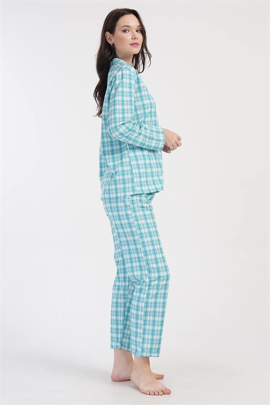 Mısırlı Kadın İki İplik Pamuklu Ekoseli Uzun Kollu Gömlek Pijama Takımı Mavi