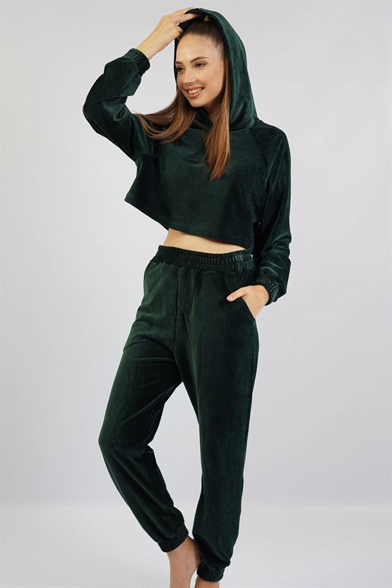 Mısırlı Kadın Kadife Uzun Kollu Pijama Takımı Haki