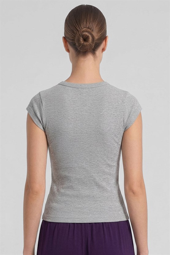 Mısırlı Kadın Kaşkorse Sıfır Kol T-shirt Gri Melanj