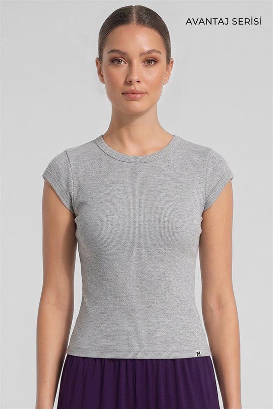 Mısırlı Kadın Kaşkorse Sıfır Kol T-shirt Gri Melanj
